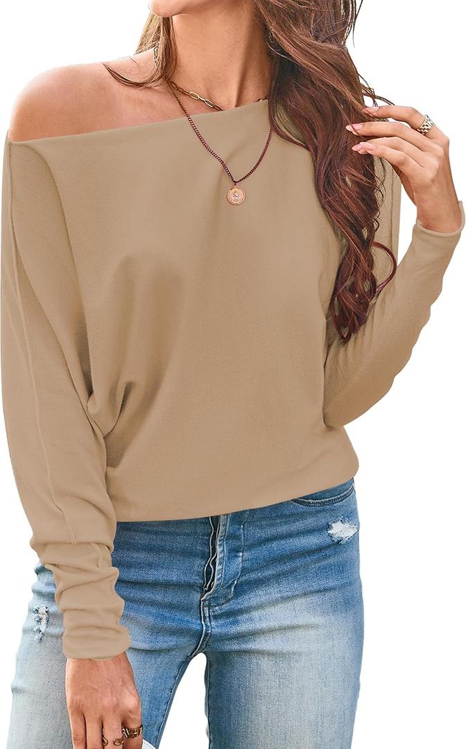 Cakulo Womens Off The Shoulder Sweater Batwing Long Sleeve Casual Knit Tops 2026 Lightweight Pullover Sweaters (Beige, XL)
