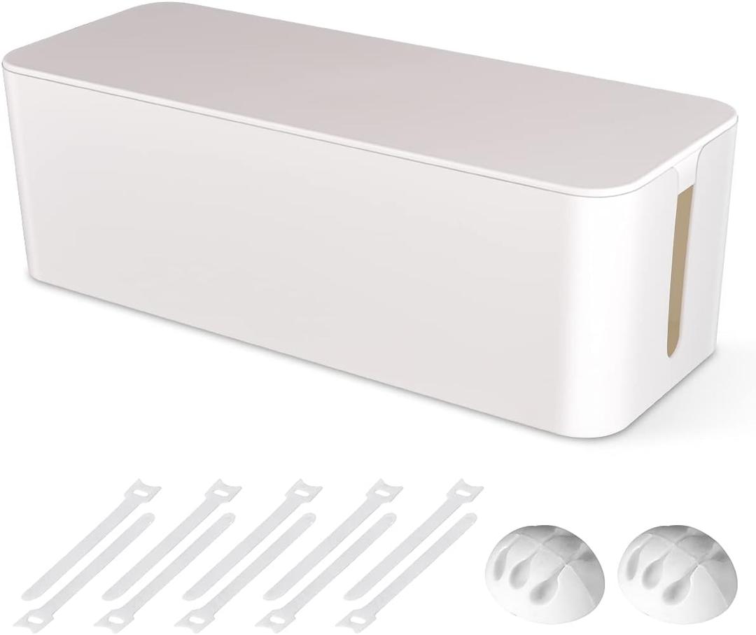 Cable Management Box, Large Cord Organizer Box to Hide Power Strip & Under Desk,TV Computer Wires Cable Organizer Hider Box with Cable Clips&Reusable Cable Ties for Home/Office(White)