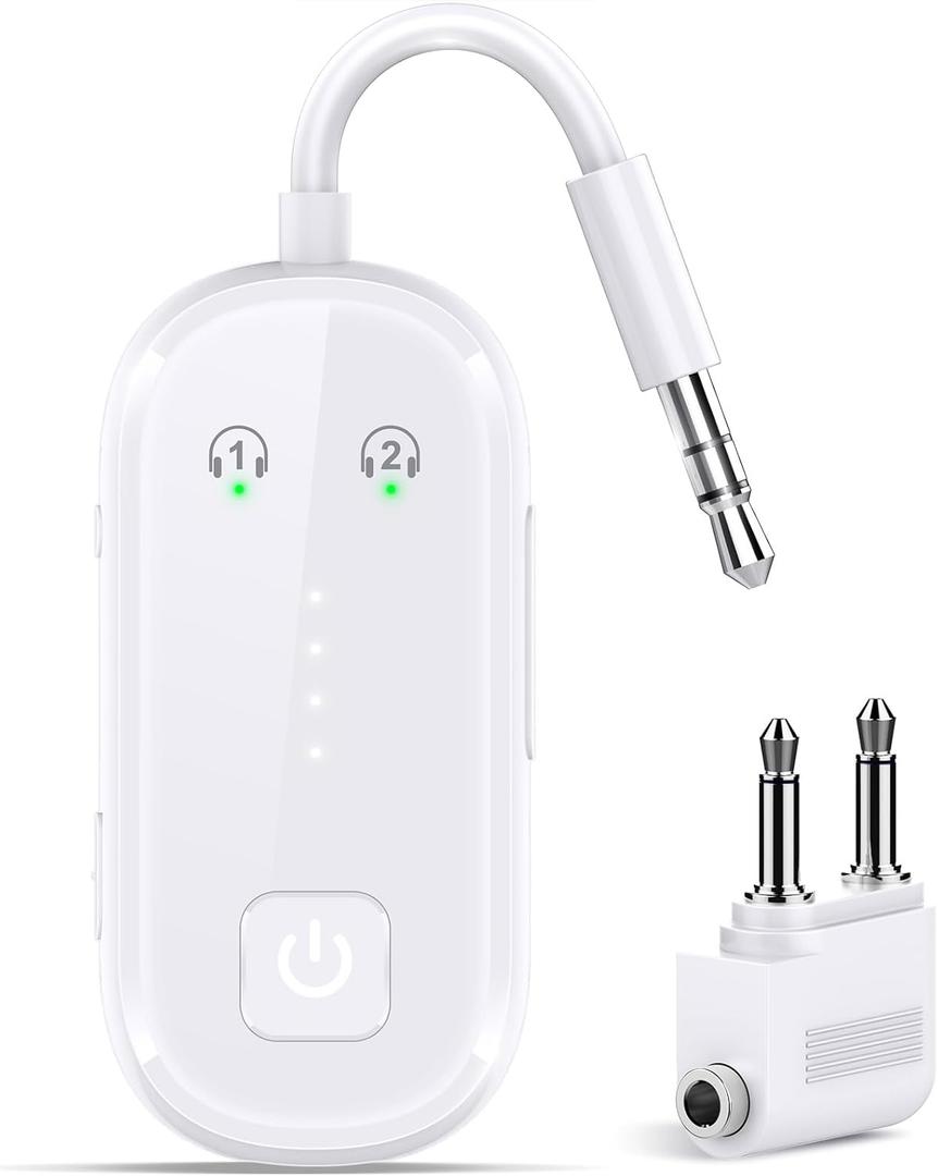 Premium Bluetooth 6.0 Transmitter Receiver, Airplane Adapter for All Airpods,2 Headphones Support, Wireless Transmitter for TV/Travel Flight, Bluetooth Receiver for Car/Home Stereo (White)