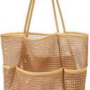 KPX Beach Bag with Mini Pocket, Summer Beach Tote Bags for Women Large Foldable Mesh Swimming Pool Travel Bags - Sandproof (Khaki)