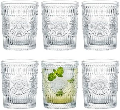 Kingrol 6 Pack 9 oz Romantic Water Glasses, Premium Drinking Glasses Tumblers, Vintage Glassware Set for Juice, Beverages, Beer, Cocktail