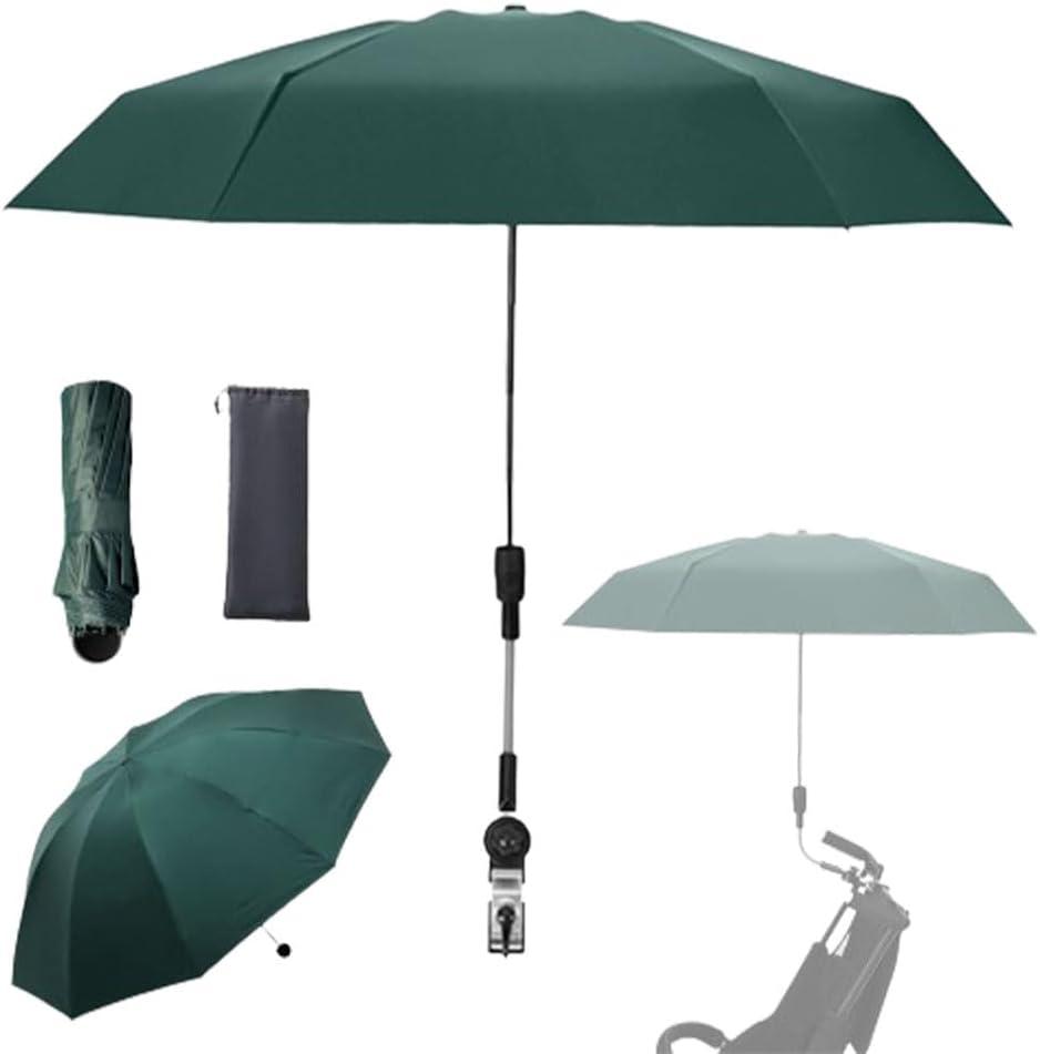 Clip-on Umbrella for Stroller Sunshade, Adjustable Steering Angle, Handle Included, Compact and Lightweight, Suitable for All Kinds of Strollers (Dark Green)