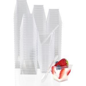 100 Pack 3 oz Square Mini Dessert Cups and Spoons - Clear Shooter Cups for Parfait, Appetizer, Pudding - Small Plastic Cups for Party