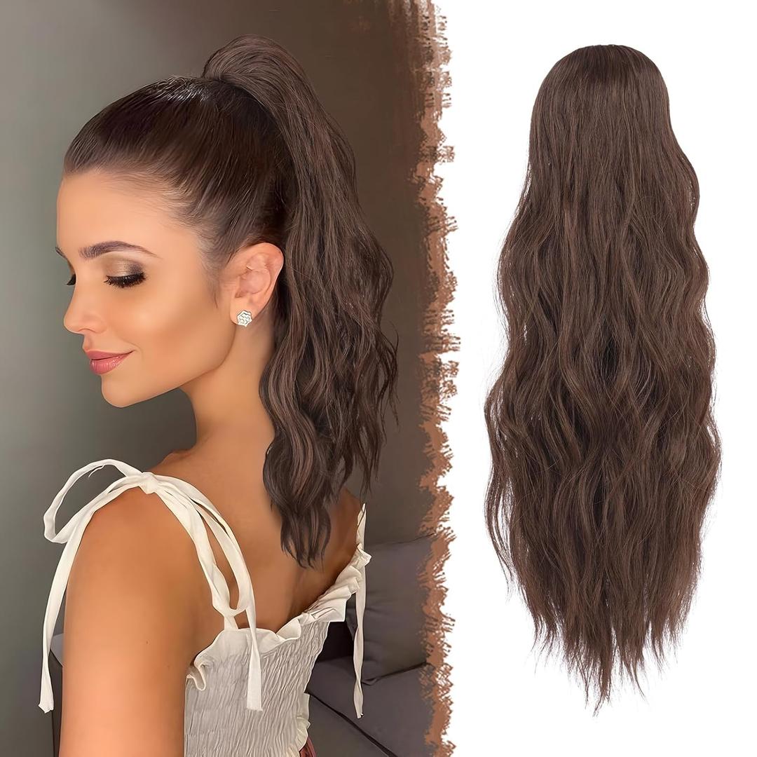 FESHFEN Ponytail Extensions, Drawstring Ponytails Hair Extension Long Curly Wavy Hair Piece Synthetic Pony Tail Hairpieces for Women 18 inch (4/12#)