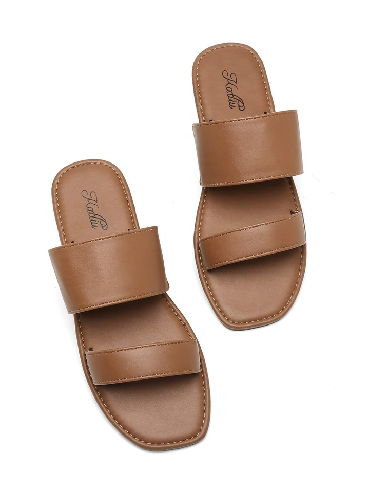 katliu Women's Flat Sandals Two Strap Slide Sandals Open Toe 10, Brown 