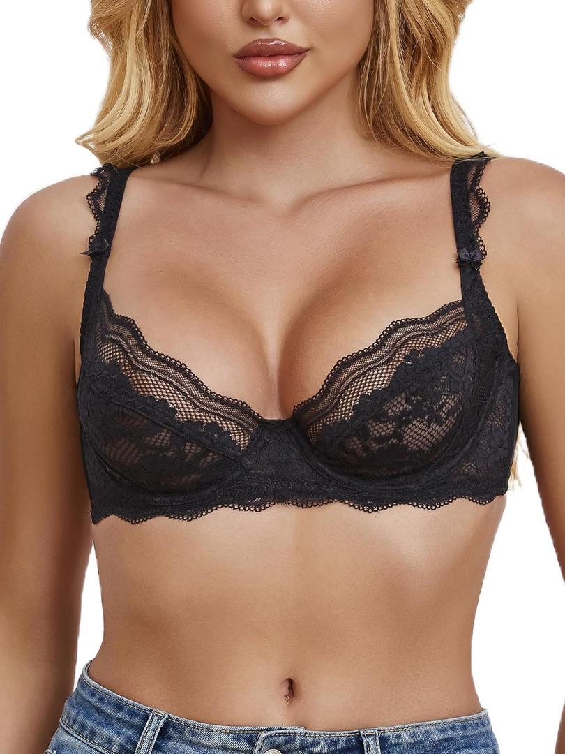 Lace Bra Bralette Push Up Unlined Demi Bras Sheer Mesh Balconette with Underwire (32B, Black)