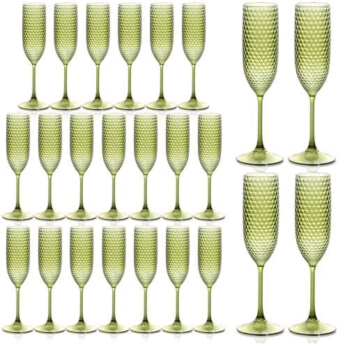 Plastic Champagne Flutes Champagne Glasses Unbreakable Wedding Toasting Glasses Reusable Diamond Wine Glasses Crystal Clear Party Wine Cups Vintage Drinking Glasses 5.5 OZ for Wedding (24, Green)
