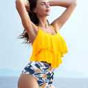 Womens Tankini Swimsuits Ruffled Tank Top Tummy Control Floral Modest Swimwear High Waisted Bikini (Yellow, XXL)
