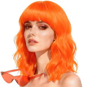 Wig and Sunglasses Set - 15 Inch Wavy Wig With Bangs - Heat Resistant Bob Wig - Short Curly Wavy Wig - Shoulder Length Wigs for Women - Bachelorette Party Costume Cosplay Wigs (Orange)