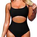 Pink Queen Women's One Piece Swimsuit Spaghetti Strap Scoop Neck Cutout High Waisted Bathing Suit Monokini (Large, Black)