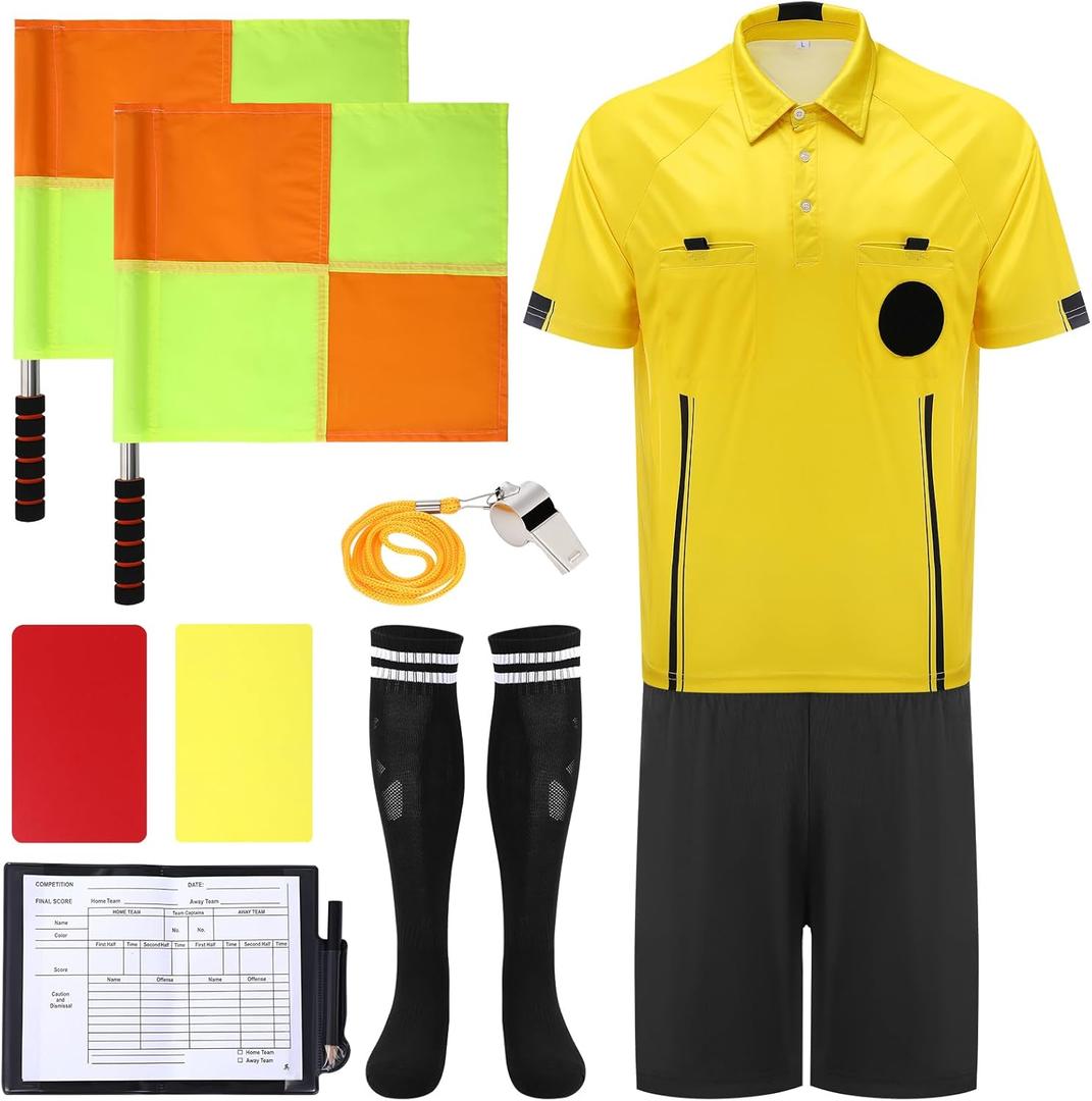 Soccer Referee Jersey, 7PCs Soccer Referee Kit, Referee Cards, Whistle, Socks, Flags, Soccer Referee Costume for Adult (Medium-Large, Yellow)