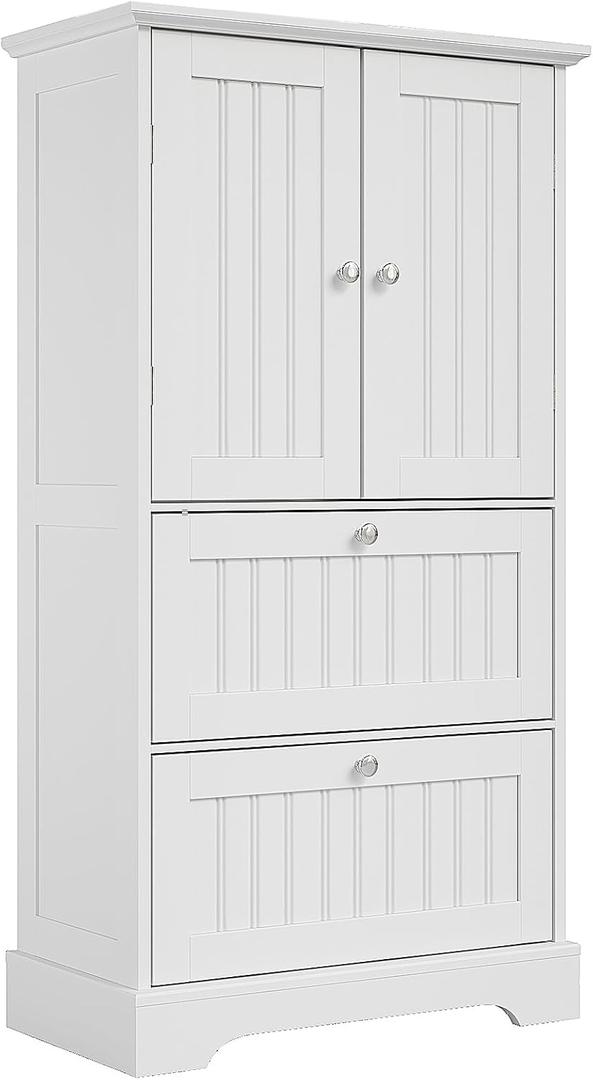 Treocho Bathroom Floor Cabinet, Bathroom Storage Cabinet with Drawers and Adjustable Shelf, Freestanding Cupboard Pantry for Kitchen, Living Room, Dining Room, White