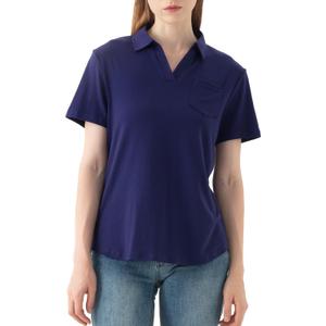 Women's V-Neck Ruffle Design Polo Shirts Short Sleeve Collared Loose Casual Tunic Blouses with Pocket (Blue, S)