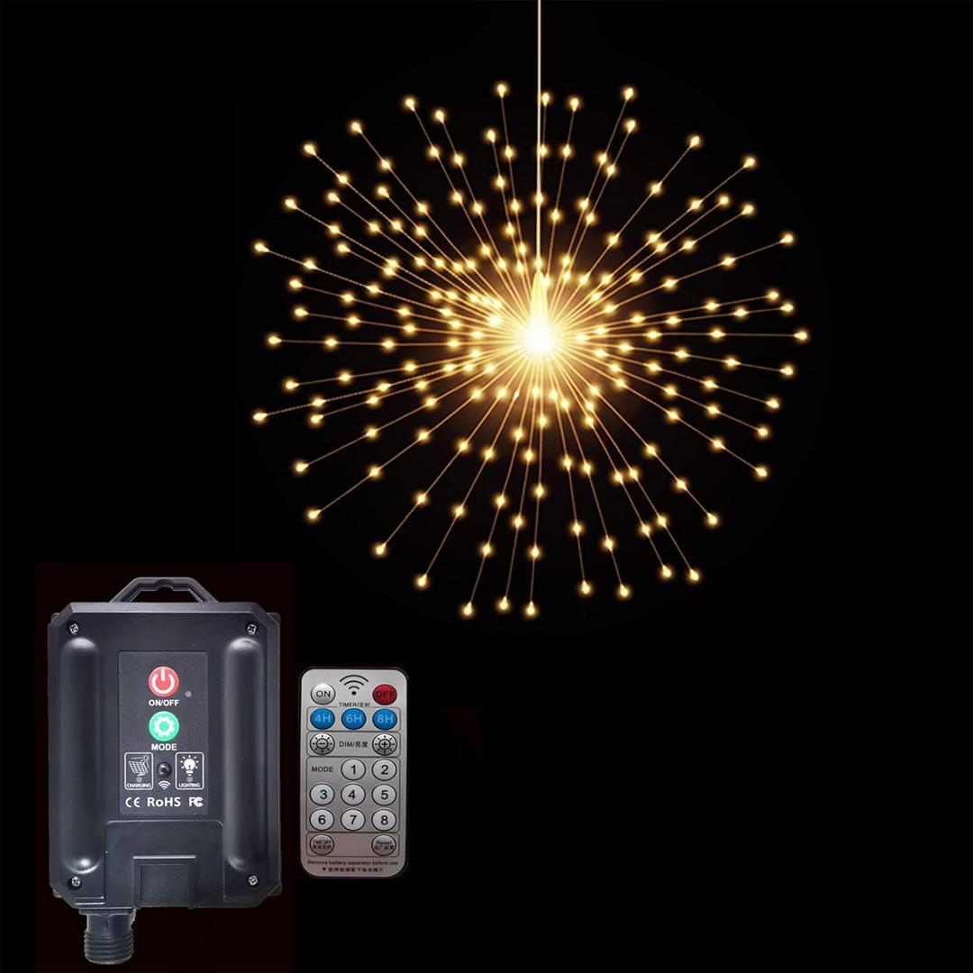 PXBNIUYA 1 Pack Starburst Sphere Lights with Remote Control,200 LED Firework Light, 8 Modes Dimmable Waterproof Hanging Fairy Light, Copper Wire Lights for Patio Parties Christmas (Solar Powered)