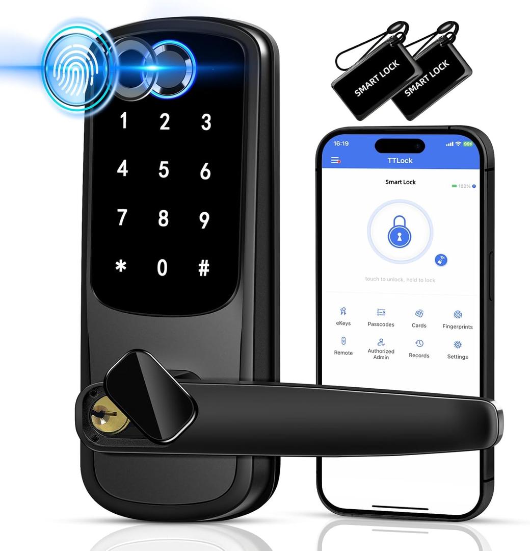 Smart Door Handle with Lock, Upgraded Keypad Fingerprint Door Locks, Keyless Entry Door Lock, Biometric Smart Locks, Electronic Door Lock Deadbolt for Front Exterior Interior Door (Matte Black)