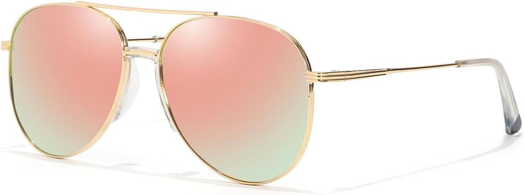 TJUTR Tangle Free Aviator Sunglasses for Women Men, Polarized UV400 Protection Trendy Shades, No-Snag Metal Frame Glasses (A1 Gold/Pink)