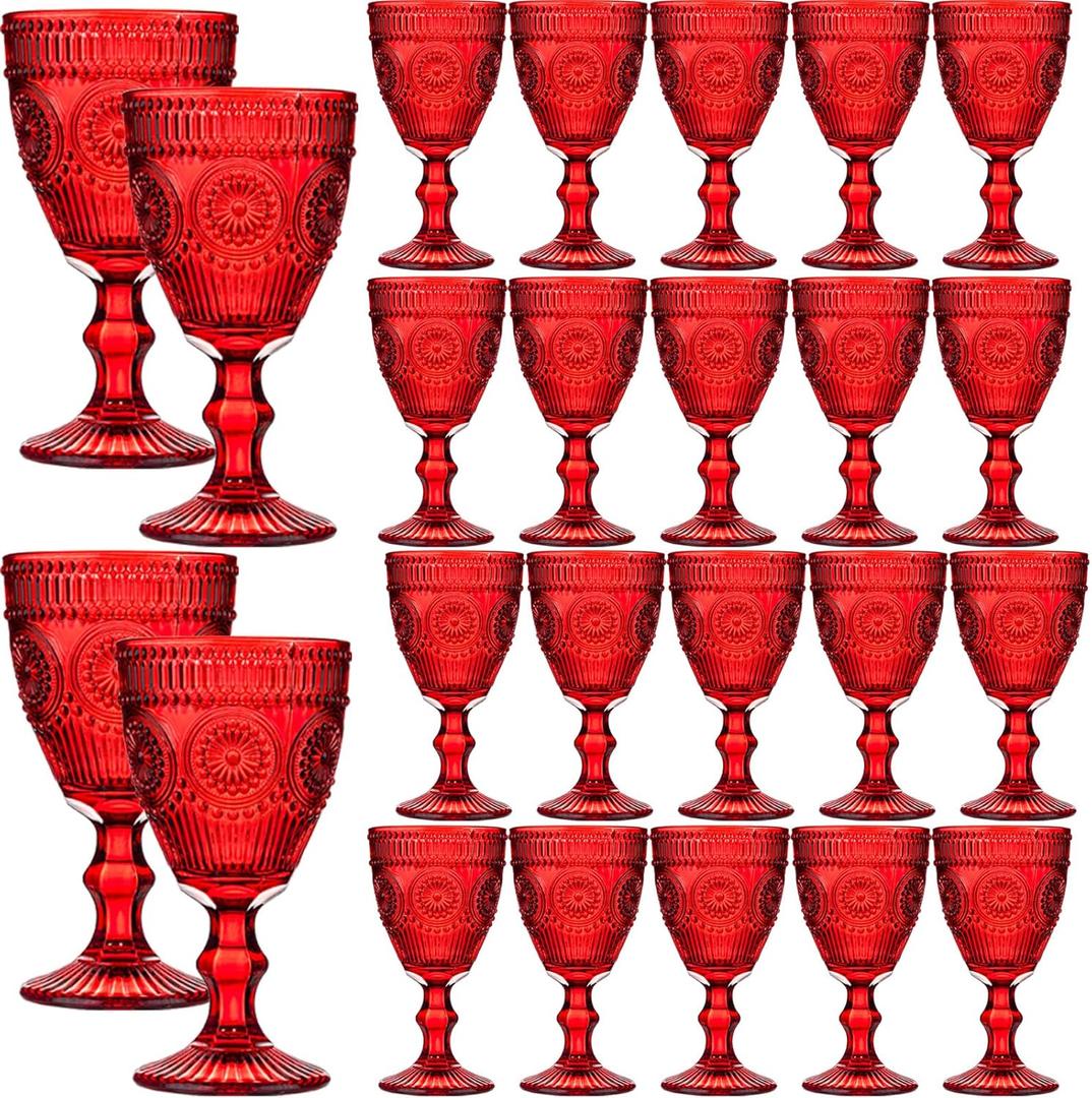 24 Pcs Red Vintage Wine Glasses Set, 10 Ounces Colored Glass Water Goblets, Unique Floral Embossed Pattern High Clear Stemmed Glassware Wedding Party Bar Drinking Cups Fancy Glasses Hand Wash Only