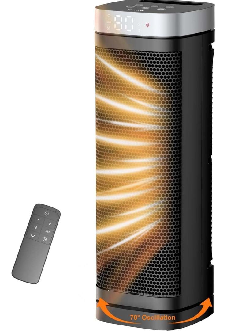 Space Heater, WINHL 17 Inches Electric Heaters for Indoor Use with Thermostat and Remote, 70°Oscillation, 12H Timer, 5 Modes, 1500W PTC Ceramic Fast Safety Heat for Office Bedroom Home