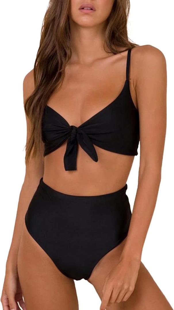 Blooming Jelly Womens High Waisted Bikini Set Tie Knot High Rise Two Piece Swimsuits Bathing Suits (Small, Black)