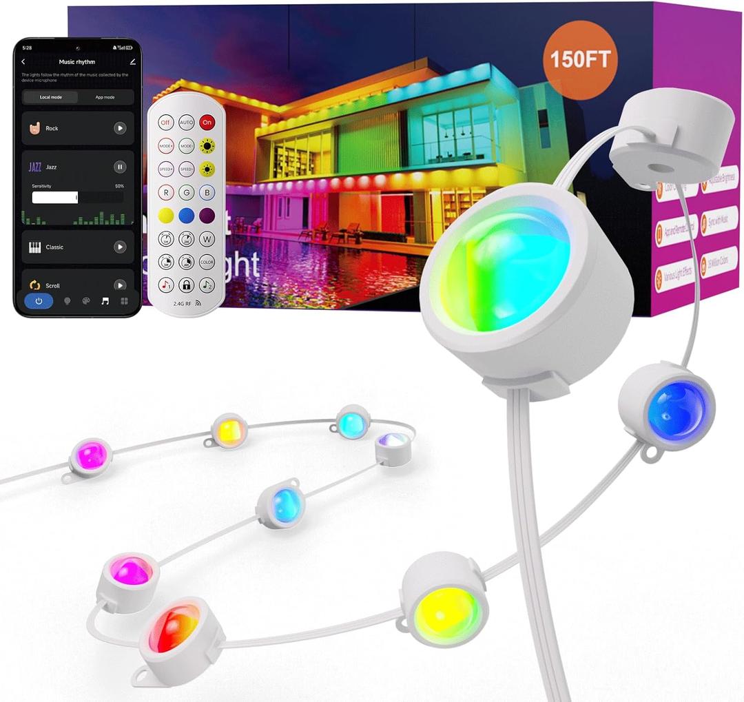 Fitop Permanent Outdoor Lights, 150FT RGB Waterproof LED Lights for House, Smart Outdoor Strip Light with Extendable Design, App/Remote Control, 16 Million Colors, IP67 Rated