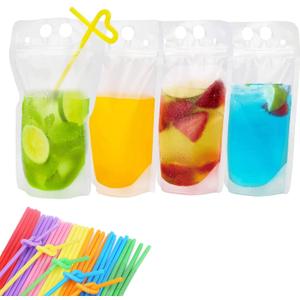 30 PCS Drink Pouches Bags with 30 Disposable Plastic Straws, Hand-held Frosted Translucent Reclosable Zipper Drink Bags Heat-Proof Bag Bottom Gusset