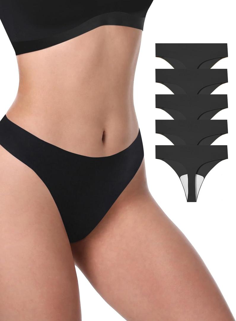 LUCKMEEY Seamless Thongs for Women No Show Thong Panties for Women No Line G-String Thongs Sexy Shapewear Underwear Pack (5p-all Black)