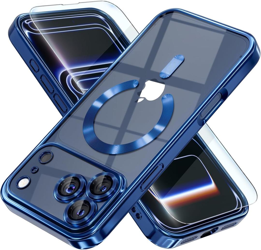 Misea Magnetic for iPhone 17 Pro Max Case Compatible with MagSafe [Never Yellowing] [Military Grade Drop Protection] Full Camera Lens Protector Plating Soft Clear Phone Case for Women, Deep Blue