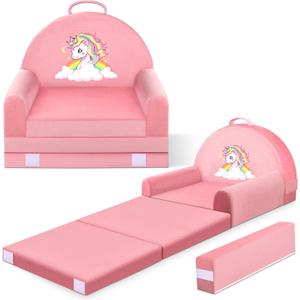Unicorn Kids Sofa Bed with Removable Washable Cover & Hook and Loop Backrest Foldable Toddler Chair, Cozy Crystal Velvet Furniture for Playtime, Naps & Travel (Pink, Unicorn Design)