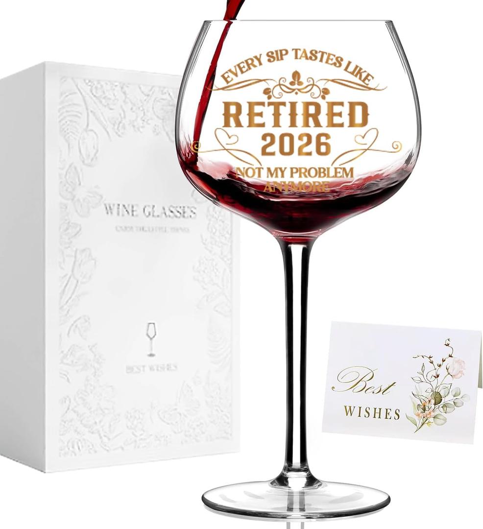 2026 Retirement Gifts for Women men,Funny Retirement DecorationsRetired Wine Glass For Women men 16 Oz, Farewell Card for Retired Woman.