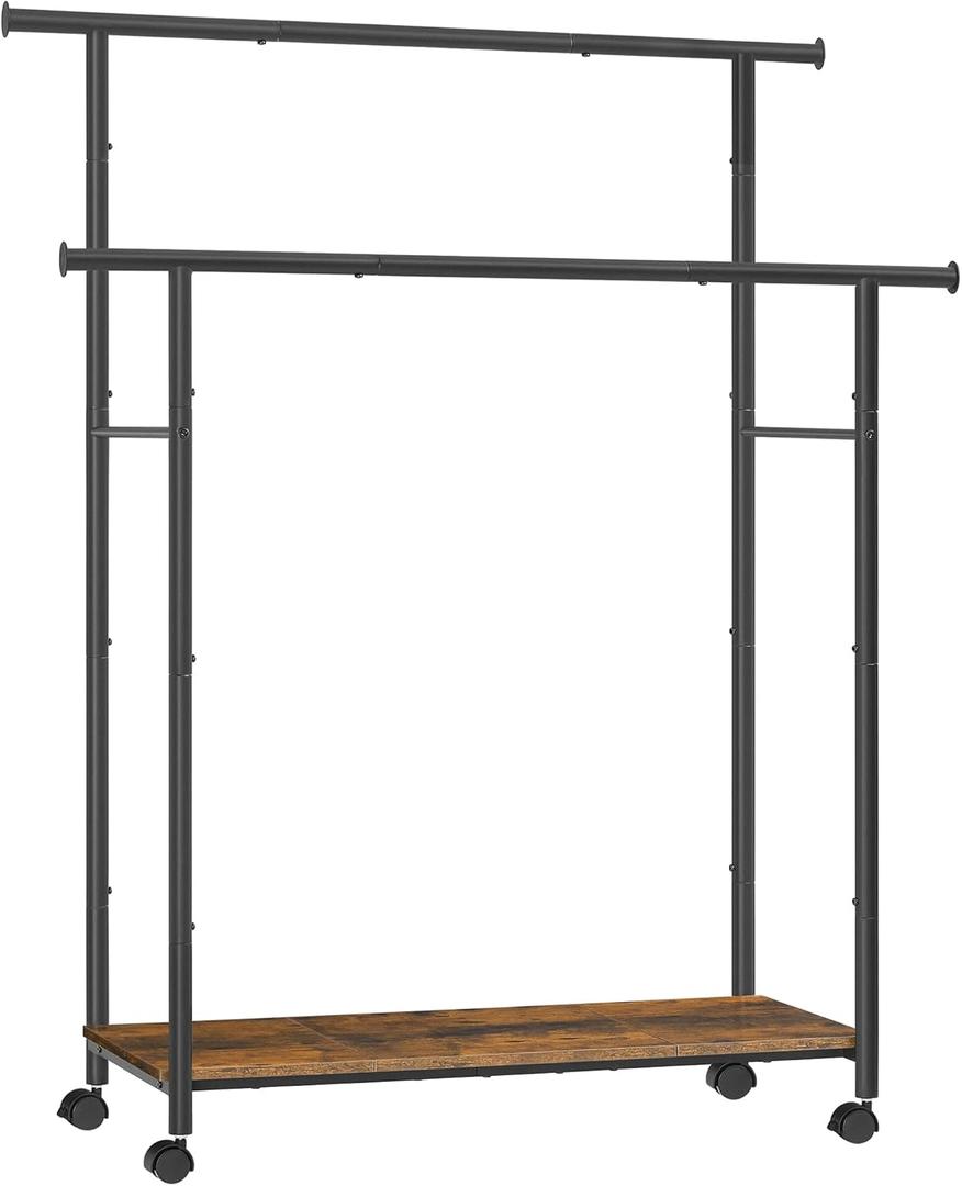 SONGMICS Double-Rod Clothes Rack with Wheels, 38.8 Inches Garment Rack with Shelf for Hanging Clothes, Loads up to 220 lb, for Bedroom, Closet, Rustic Brown and Ink Black UHSR152B01