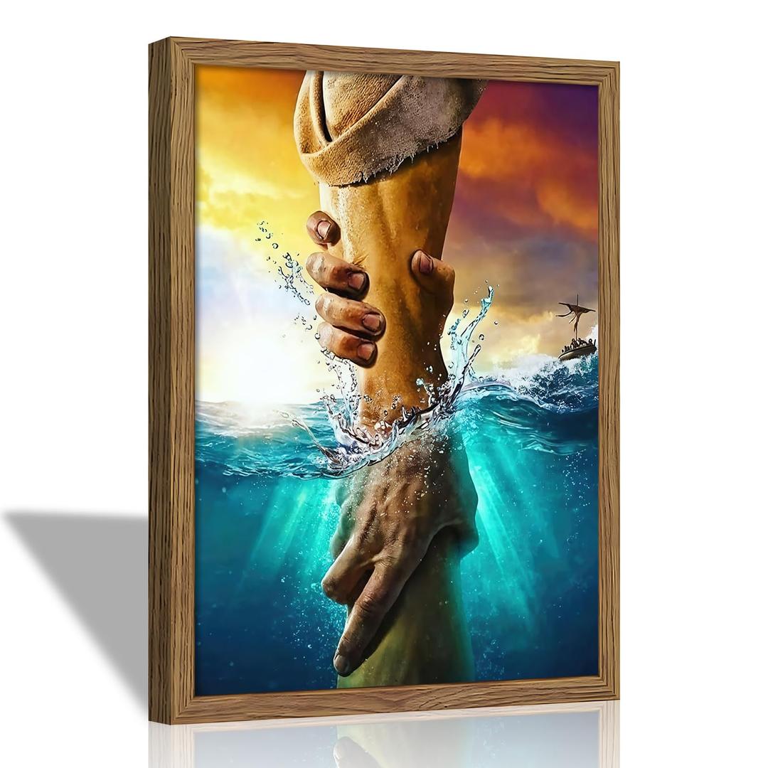 Framed Inspirational Hand of God Wall Art Christian Rescue Faith 16x24 In