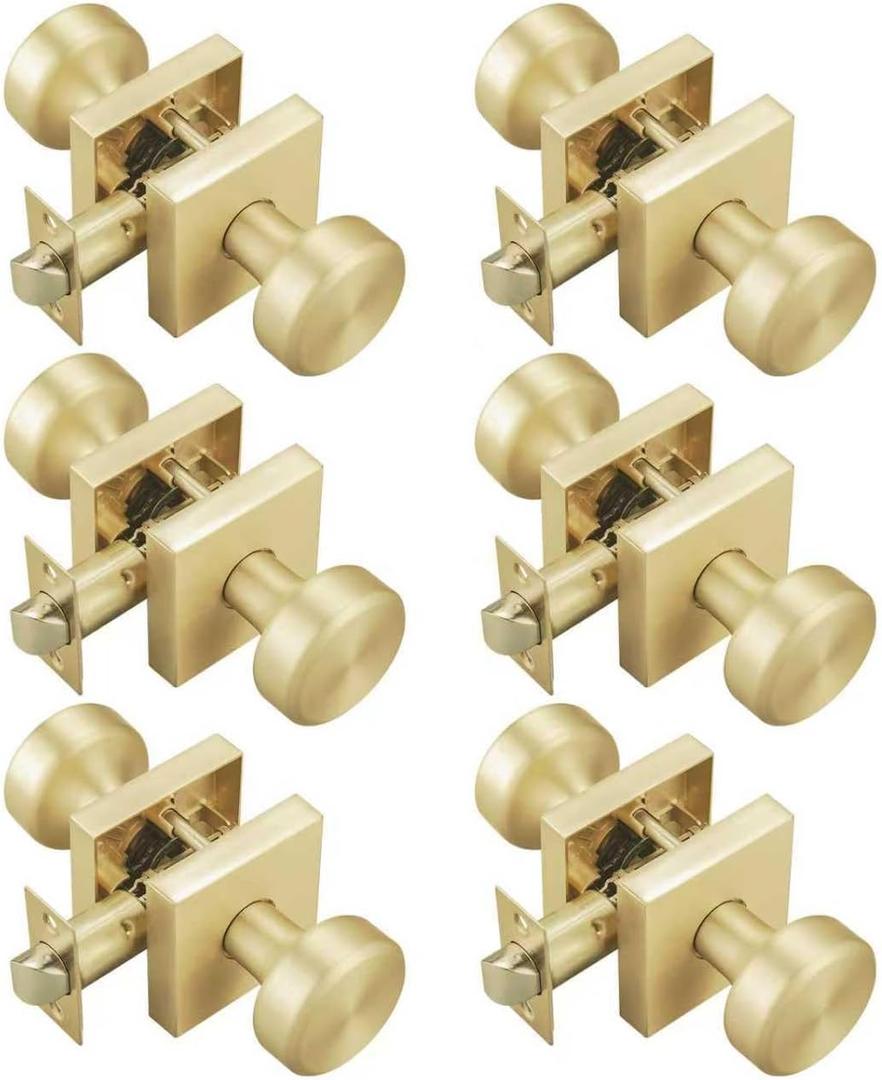 6 Pack Brushed Gold Door Knobs Interior, Pismo Doorknob with Square Rosette for Hall (Satin Brass)