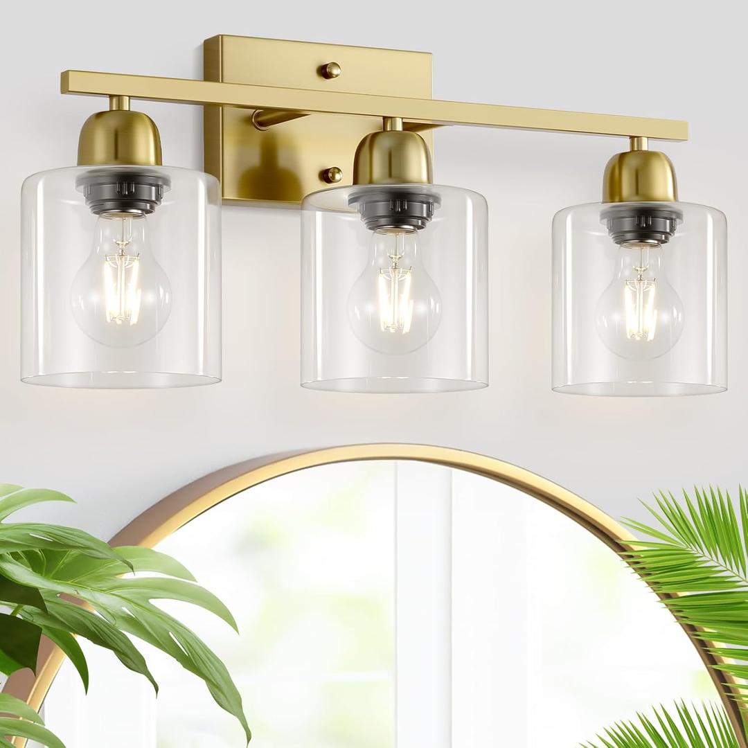 Modern Brushed Gold 3 Light Bathroom Light Fixtures, 19 inch Vanity Lights for Bathroom with Clear Glass, Bathroom Lighting Fixtures Over Mirror for Mirror Kitchen Living Room