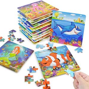 Vileafy Party Favors Puzzles for Kids Age 4-8, 12 Pack Sea Animals with Organza Bags, Wooden Jigsaw Puzzle for Boys and Girls Ages 4-6, 20 Pieces Per Puzzle