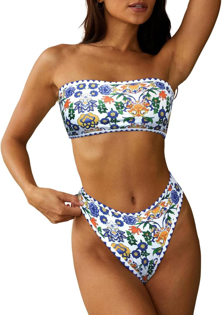 ZAFUL Women Strapless Textured Bandeau Bikini 2 Piece Swimwear Cheeky Solid Lace up Bathing Suits (7-blue Yellow, XL)