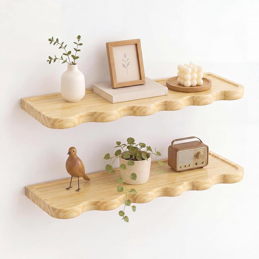 Pinkunn 2 Pack 24 Inch Scalloped Floating Shelves, Solid Wood Wavy Wall Shelves with Hidden Brackets, Rustic Storage and Display for Bathroom, Kitchen, Living Room, Bedroom