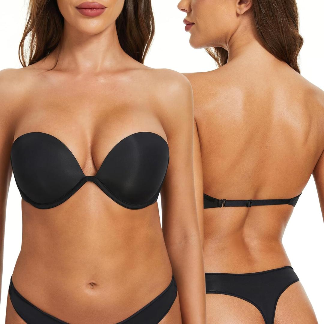 Women's Strapless Bra Push Up-Non Slip Invisible Underwire Low Back Multiway Support Padded Plunge Bra for Comfort Lift(Black, 34A) (Black)