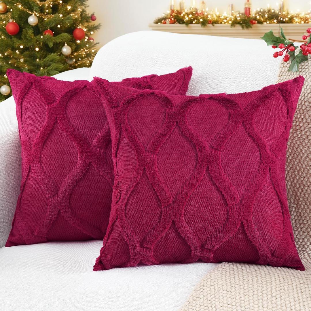 decorUhome Spring Euro Sham Throw Pillow Covers 26x26 Inch Set of 2, Soft Plush Faux Fur Wool Burgundy Accent Couch Pillow Covers for Modern Farmhouse Bed Sofa Living Room