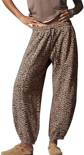 TERIVEEK Leopard Barrel Sweatpants Women Baggy Cheetah Print Pants Drawstring Waist Lounge Pants Trousers with Pockets, Medium