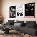 3Pcs Unframed Trendy Pink Preppy Wall Art Fashion Cat Disco Ball Cherry Canvas Posters Prints Funky Y2k Wall Decor Pictures for Girly Bedroom Apartment Dorm Decorations
