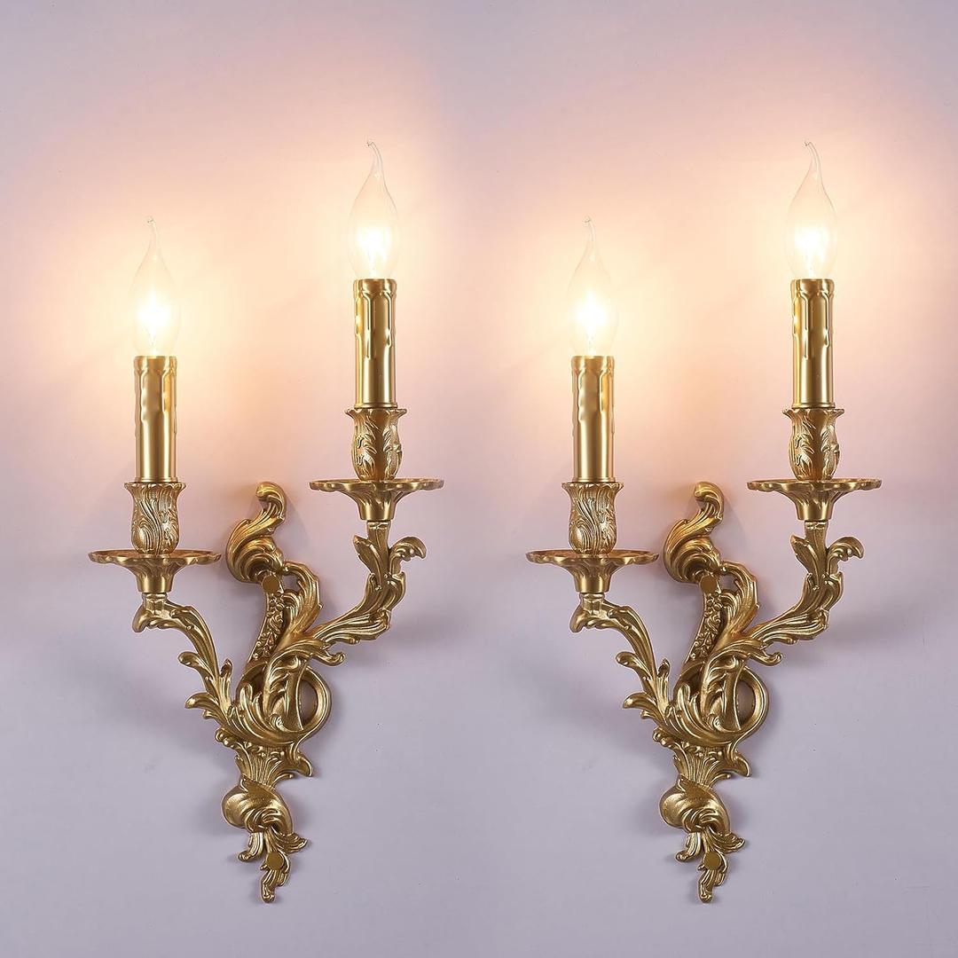 Rustic Brass Wall Sconce French Wall Light Fixture Retro Farmhouse Mid Centry Lantern Wall Sconce for Bedroom, Hallway, Living Room, Mirror,All Brass, E12 (Pack of 2)