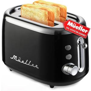 Mueller Retro Toaster 2 Slice with 7 Browning Levels and 3 Functions: Reheat, Defrost & Cancel, Stainless Steel Features, Removable Crumb Tray, Under Base Cord Storage, Black