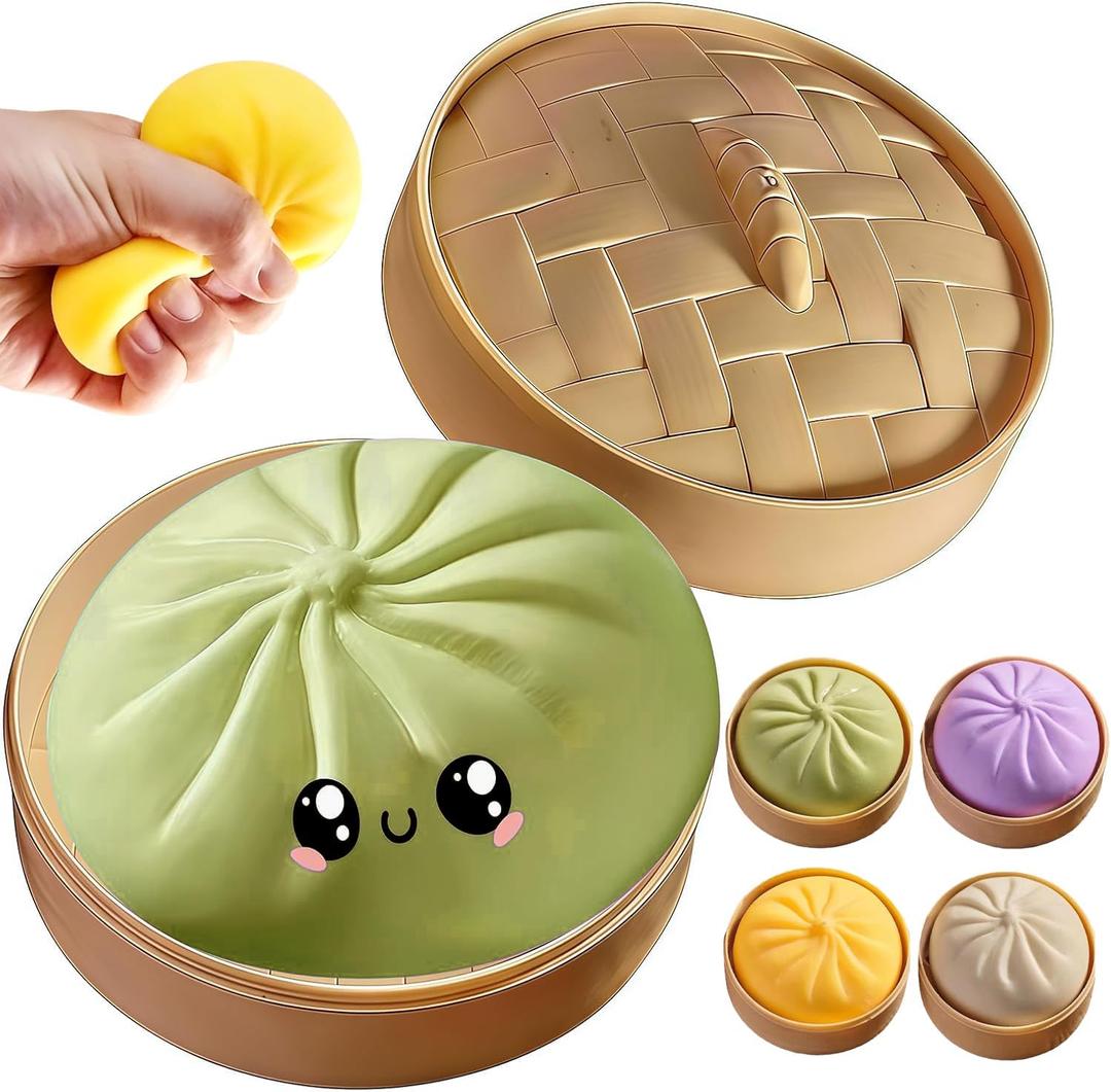 Dumpling Squishies, Glitter Dumpling Mystery Box, 2026 Upgraded Dumplings Stress Balls Fidget Sensory Balls, Squeeze Dough Ball Stress Relief Hand with Food Steamer, Relaxation Gift (Green)