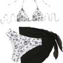 SHENHE Women's 3 Piece Floral Bikini Set with Wrap Coverup Halter Triangle Swimsuits (Black and White)