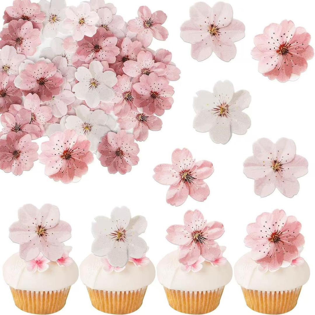 60Piece Edible Cherry Blossom Cake Toppers, Pre-Cut Wafer Paper Flowers in Assorted Sizes for Cupcakes, Baby Showers, Weddings, Birthdays and Spring Parties