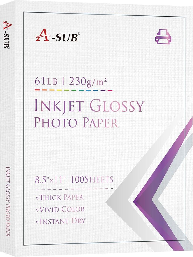 A-SUB Thick Glossy Photo Paper 8.5 x 11 Inch 61lb 230gsm, Glossy Cardstock Photo Printer Paper for for Inkjet Printers, DIY Postcard Calendars 100 Sheets