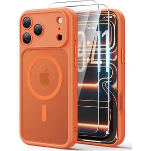 JJL for iPhone 17 Pro Case with 2 Pack Screen Protectors, Compatible with MagSafe, Full Camera Protection, Translucent Matte Magnetic Phone Cover, Orange