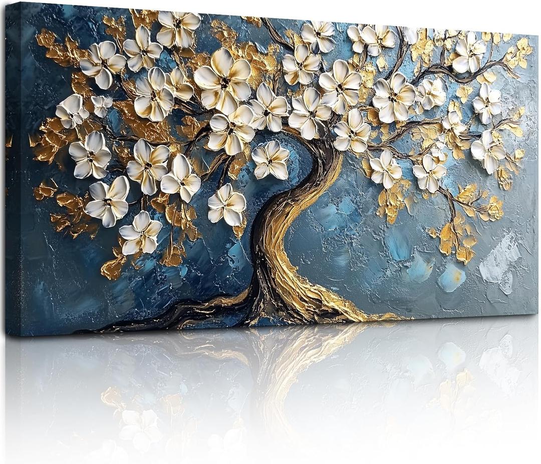 SERIMINO Gold Tree of Life Large Wall Art, Abstract Tree Oil Painting Art Prints, Cherry Blossom Flower Canvas Art Wall Decor, Modern Aesthetic Wall Pictures for Living Room Bedroom Office 24"X48"