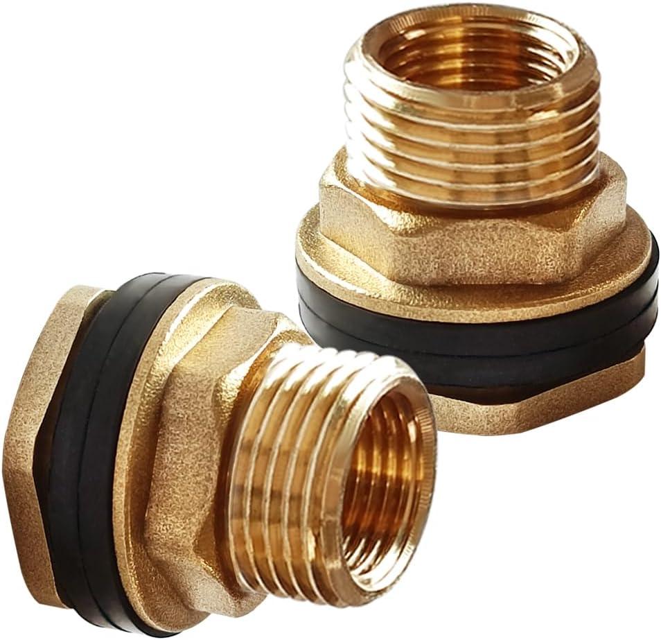 2PCS Solid Brass Bulkhead Fitting 3/4Female x 1Male Double Threaded Bulkhead Water Tank Connector
