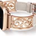 Wearlizer Slim Leather Band Compatible with Apple Watch Bands Women 41/40/38/42/44/45/46/49mm, Dressy Fancy Thin Designer Vintage Filigree Leather Strap for iWatch Series 10 9 Ultra SE 8 7 6 5 4 3 2 1 (Starlight/Rose Gold)